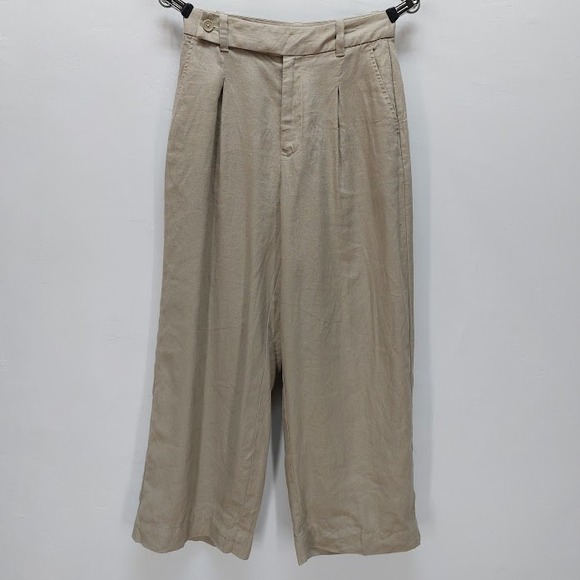 Madewell Pants - Madewell Linen Pleated Wide-Leg Pants Women's 0 Tan High Rise Cropped Coastal